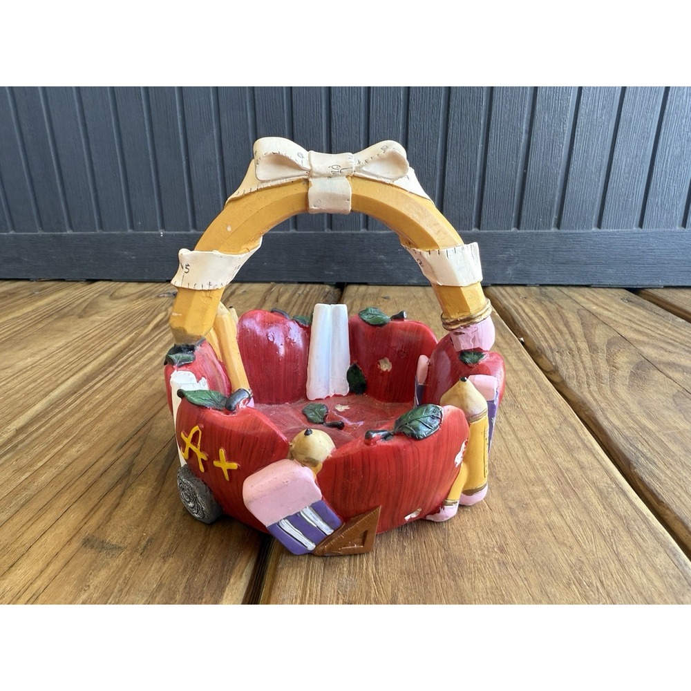 Vintage 3D Resin Ceramic Teacher Apple Pencil Basket Decor For Desk 5"x5"